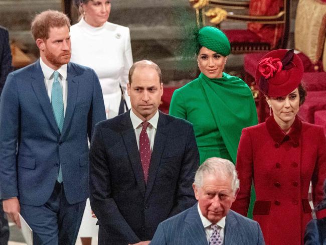 Prince Harry and Meghan follow Prince William and Kate as they depart Westminster Abbey after attending the annual Commonwealth Service in London. Picture: AFP