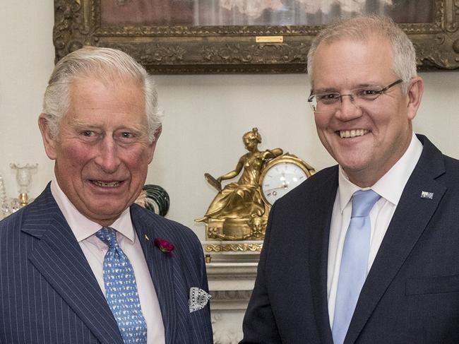 Australian Prime Minister Scott Morrison with wife Jenny and High Commissioner George Brandis meet Prince Charles at Clarence House in London.  Picture: Ella Pellegrini