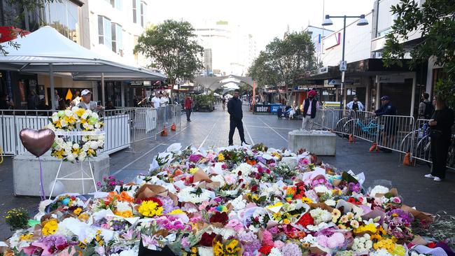 Floral tributes are laid at Bondi Junction after the massacre. Picture: NCA NewsWire / Gaye Gerard