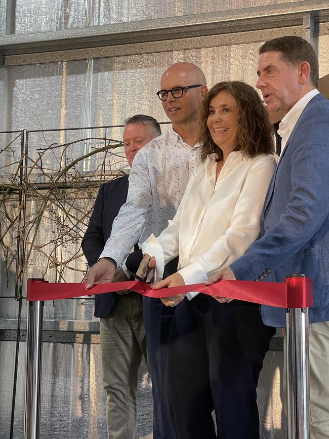 Cairns MP Michael Healy, Cairns Airport CEO Richard Barker, managing director Air Freight Handling Cairns Barbara Ford, and Treasurer and Minister for Trade and Investment Cameron Dick cut the ribbon of the Cairns Regional Trade Distribution Centre in March.