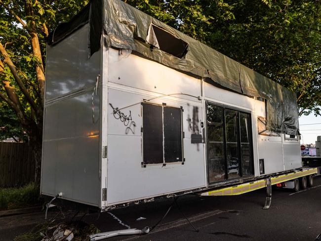 A custom built, two story, three bedroom tiny house is at the centre of a police investigation. Picture: Jason Edwards