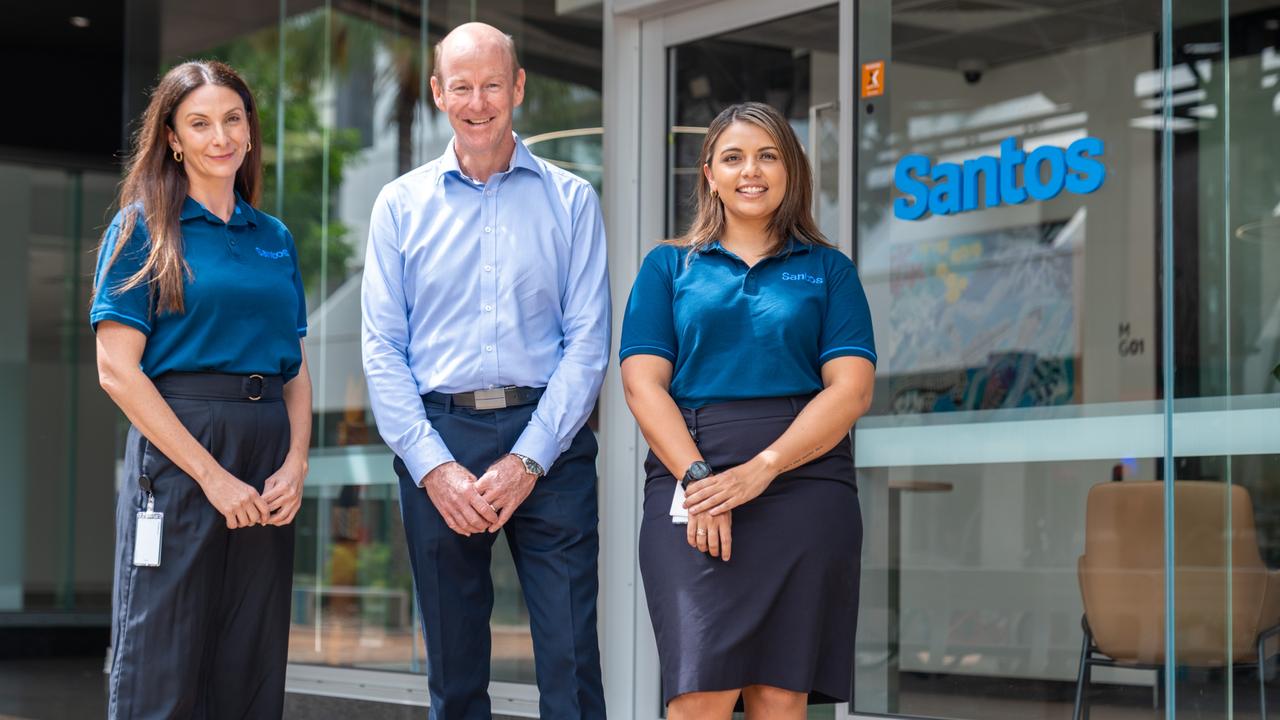 Santos Manager NT Community Affairs Angelina Anictomatis, Santos Darwin General Manager Peter Kirkpatrick and Santos NT Community Adviser Kimberly Brewster outside the new Darwin shopfront. Picture: Supplied.