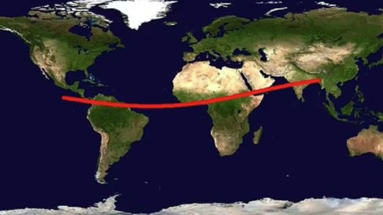 Map highlighting the “risk corridor” for the 2032 YR4 impact. Picture: Daniel Bamberger (Renerpho) Wikimedia Commons