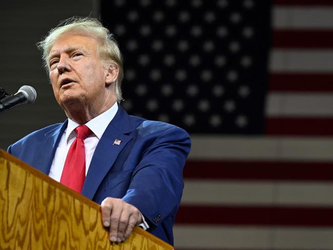 TOPSHOT - Former US president and 2024 Republican Presidential hopeful Donald Trump speaks during the South Dakota Republican Partyâs Monumental Leaders rally at the Ice Arena at the Monument in Rapid City, South Dakota, September 8, 2023. (Photo by ANDREW CABALLERO-REYNOLDS / AFP)