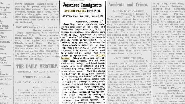 The Daily Mercury on January 3, 1924, reports on the Floria pearl lugger's role in an illegal Japanese immigration ring operating in North Queensland. PICTURE: NATIONAL LIBRARY OF AUSTRALIA