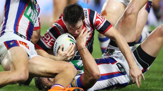 Luke Keary scores a try for the Roosters against the Knights. Picture: Brett Costello