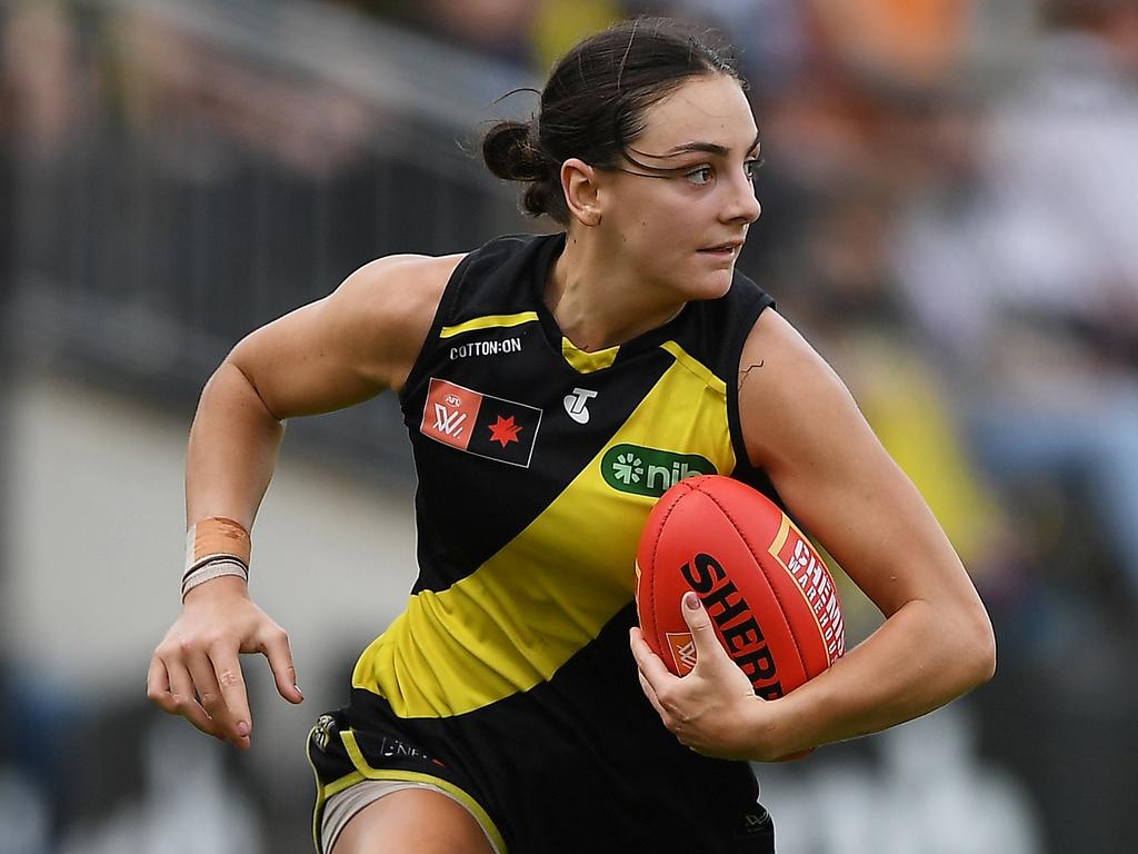 Monique Conti is a dominant force in Tiger colours. Picture: AFL Photos/Getty Images