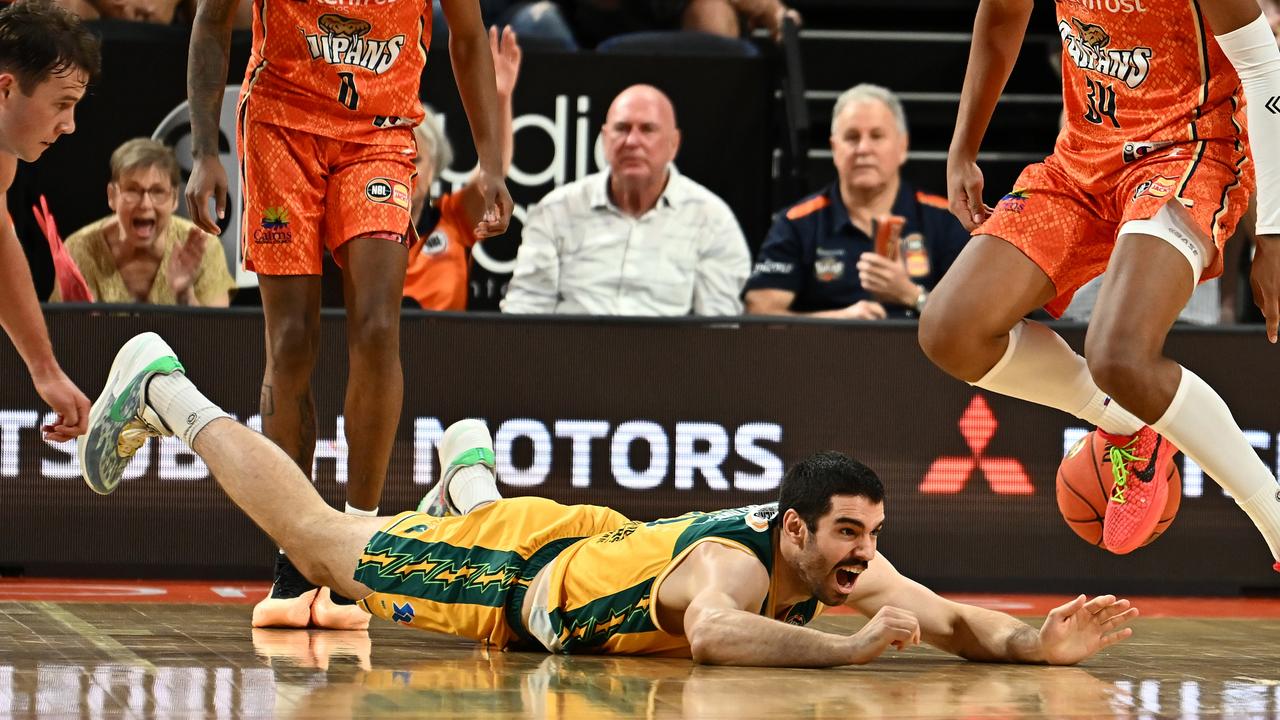 Fabijan Krslovic of the Jackjumpers hits the floor in Cairns. Picture: Emily Barker/Getty Images.