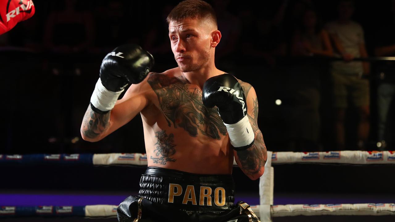 BRISBANE, AUSTRALIA - MARCH 05: Liam Paro in action against Terry Tzouramanis during the WBO Global &amp; IBF International Super Lightweight Title bout at Eatons Hill Hotel on March 05, 2021 in Brisbane, Australia. (Photo by Chris Hyde/Getty Images)