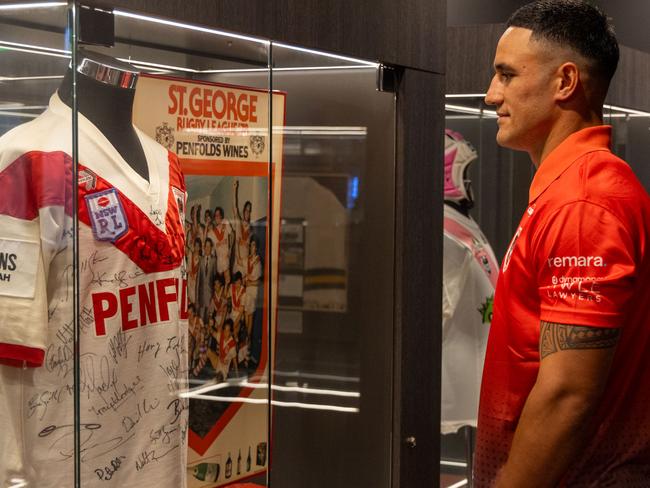 Dragons signing Valentine Holmes wearing the club colours for the first time. Credit: Supplied.