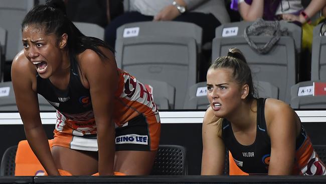 Giants players Kristina Manu'a and under 19 team player Matisse Letherbarrow react during last year’s Super Netball.