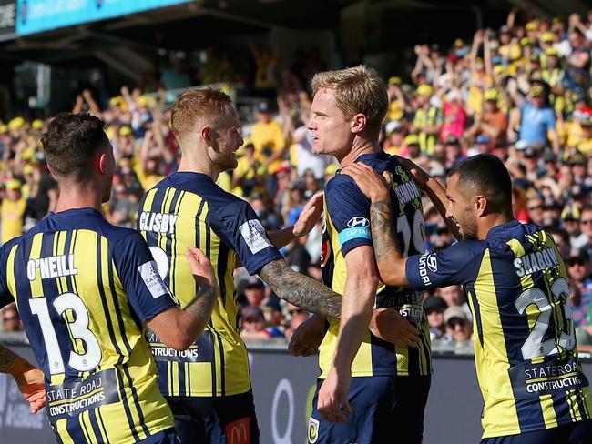 The incident happened after the Mariners’ Matt Simon kicked a goal during their game against the Newcastle Jets. Photo: Ashley Feder/Getty Images