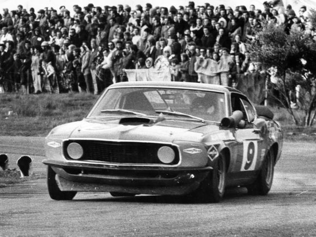 Allan Moffat's Trans-Am Ford Mustang motor car #9 turns through Clubhouse Corner at Mallala during Australian Touring Car championship race 15 Jun 1970. Picture: UNIDENTIFIED STAFF PHOTOGRAPHER.