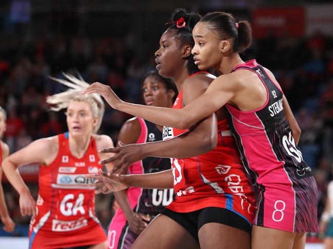 Shamera Sterling of the Thunderbirds (R) competes with Romelda Aiken-George of the Swifts. Picture: Getty Images