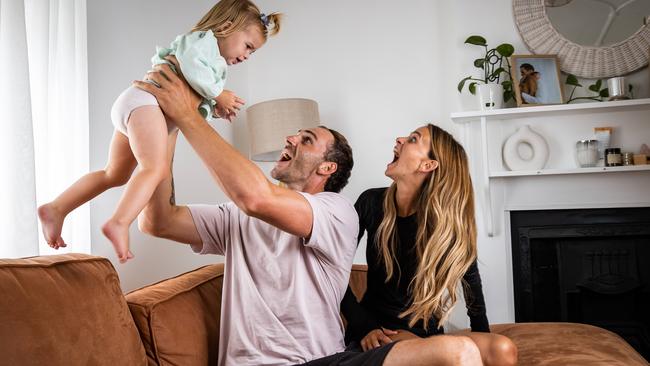 Port Adelaide star Jeremy Finlayson with his fiance Kellie Gardner and their daughter Sophia. Picture: Tom Huntley