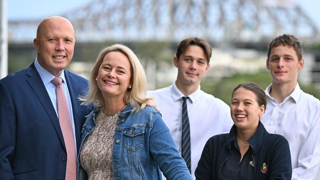 25/05/2022 : Former Defence Minister Peter Dutton with wife Kirilly, daughter Rebecca 20 and sons  Tom 16 and Harry 17 (far R) , near the Federal Government offices in Brisbane. Dutton is set to become the leader of the Liberal party in opposition. Lyndon Mechielsen/The Australian