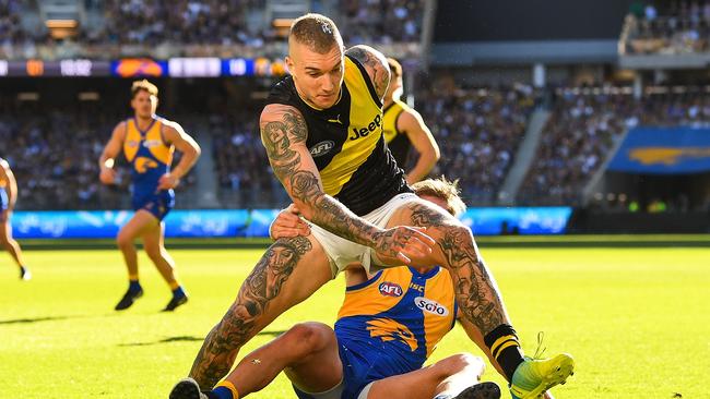 Dustin Martin jostles for position against West Coast in Round 9 last year. Picture: Daniel Carson/AFL Media/Getty Images.