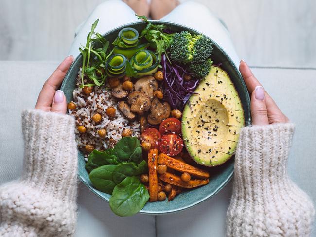 Healthy eating. Plate with vegan or vegetarian food. Healthy plant based diet. Healthy dinner. Buddha bowl with fresh vegetables. High quality photo