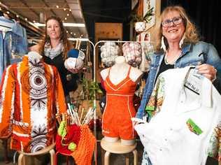 Peita Gardimann with designer Erica Bates, a fashion designer who makes clothes and dolls from upcycled fabric, with some of her items which will be on sale at the Makers and Finders Market market on Saturday. Picture: Scott Powick