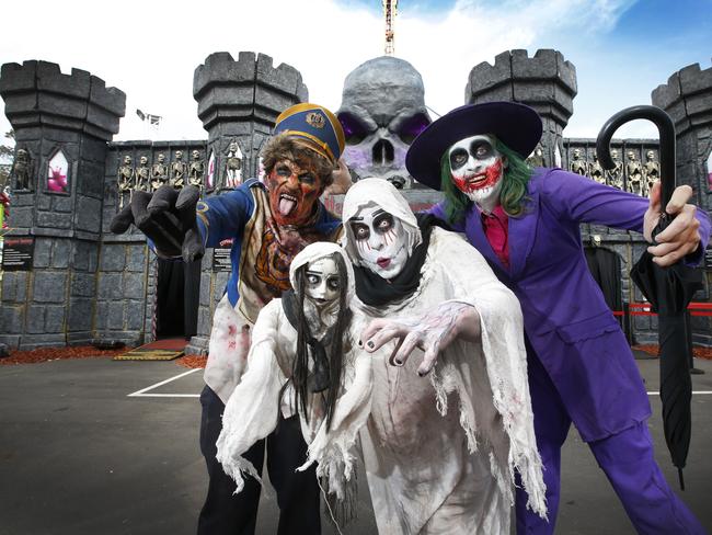 Hollywood Horrors haunted house actors Skippy the Evil, Alison and little Alice and Uncle J are ready to creep you out in the award-winning Royal Melbourne Show attraction. Picture: David Caird
