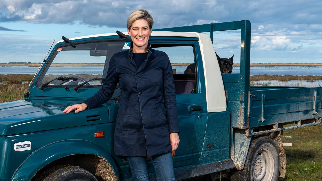 Former federal politician Nicolle Flint in August, with dog Mister, on her parents’ property near Kingston in the state’s South East. Picture: Naomi Jellicoe