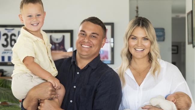 Diamonds netball star Gretel Bueta with new baby Toby, husband Niko and son Bobby, 2, is the new face of the DrinkWise campaign.