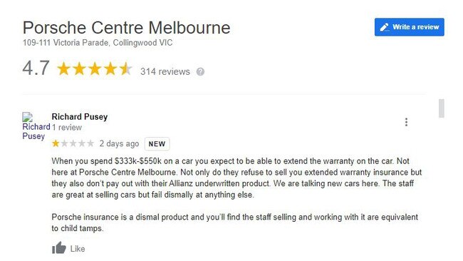 A court has found Pusey did not write a one-star review about the Porsche Centre Melbourne.