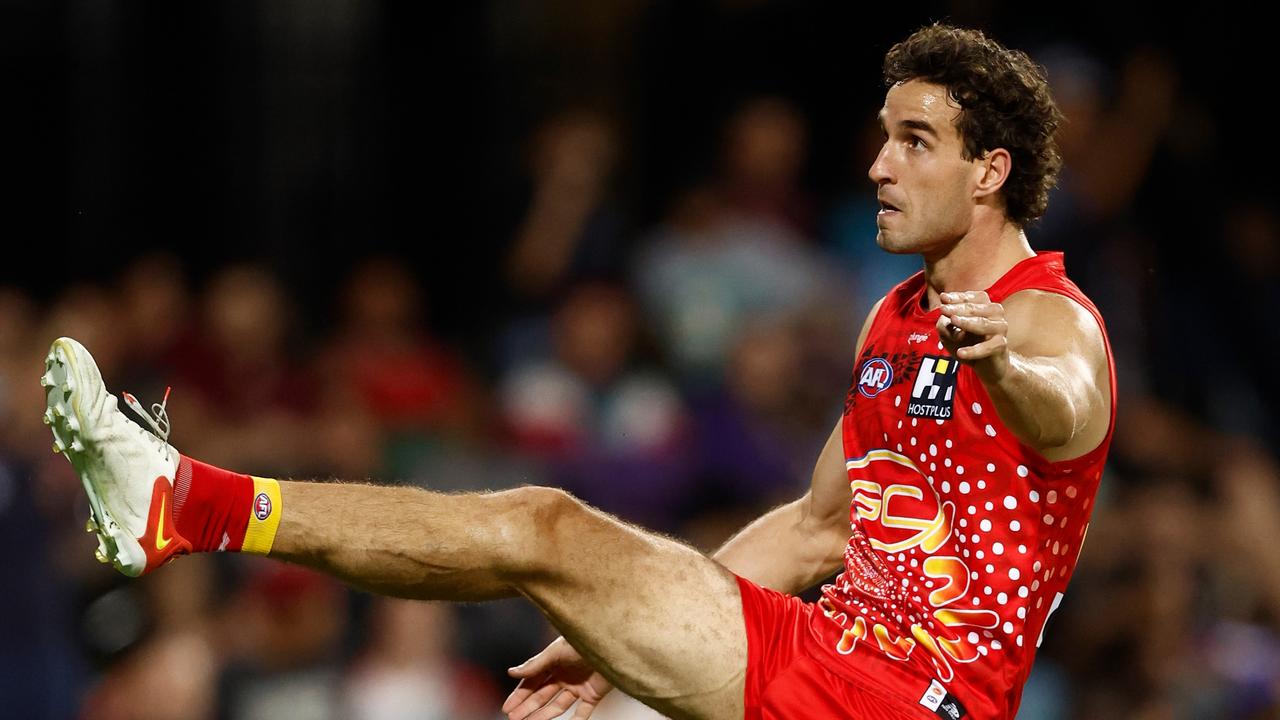 Ben King of the Suns kicks a goal during the 2023 AFL Round 11 match between the Gold Coast Suns and the Western Bulldogs at TIO Stadium. (Photo by Michael Willson/AFL Photos via Getty Images)