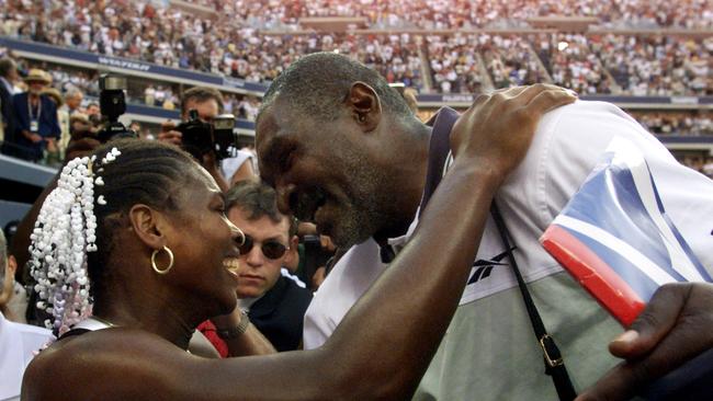 Serena Williams hugs her father and coach Richard Williams after winning her first grand slam final at the 1999 US Open. Picture: AP