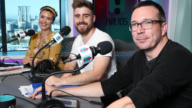HIT105 hosts Stav, Abby and Matt have drawn level with Nova 106.9 as Brisbane’s preferred breakfast radio station. Picture: Liam Kidston.