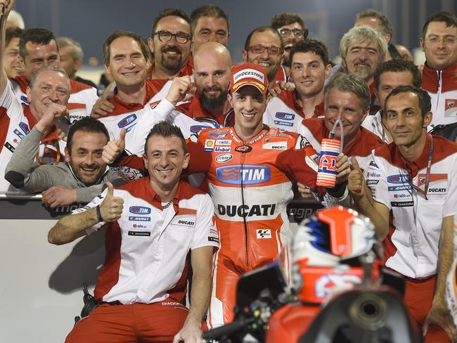 Dovizioso celebrates with the Ducati team.