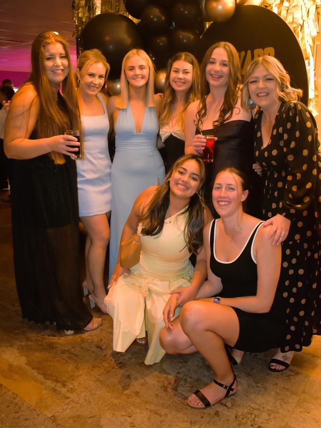 Tara Whelan, Sally Trew and friends having a great night at the Cowwarr Saints Football &amp; Netball Club Golden Gala Ball 2024. Picture: Jack Colantuono