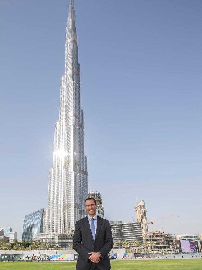 Michael McGee, chief executive officer of Burleigh Heads-based Transit Australia Group in front of the Burj Khalifa in Dubai.