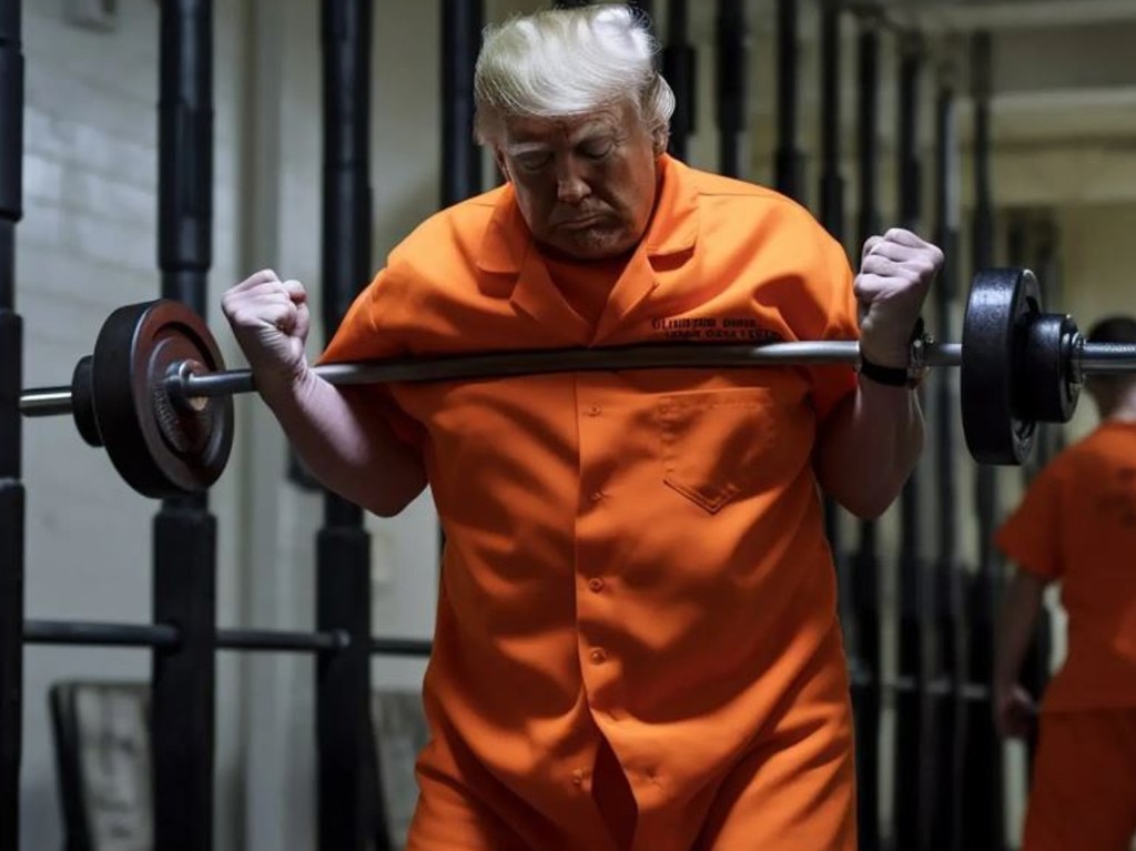 One image showed Trump lifting weights in a prison jumpsuit.