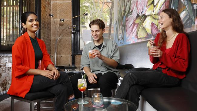 Latha Jagadeeswaran joins Erik and Arielle Levy for a drink at the bar Since I Left You in the Sydney CBD. Picture: Jonathan Ng