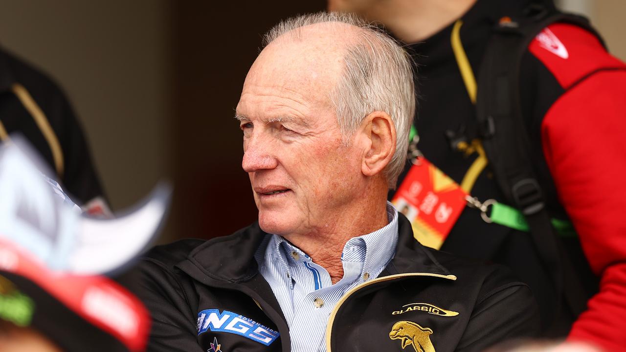WAGGA WAGGA, AUSTRALIA - APRIL 29: Dolphins coach Wayne Bennett watches on from the stands before the round nine NRL match between the Canberra Raiders and Dolphins at McDonalds Park on April 29, 2023 in Wagga Wagga, Australia. (Photo by Mark Nolan/Getty Images)