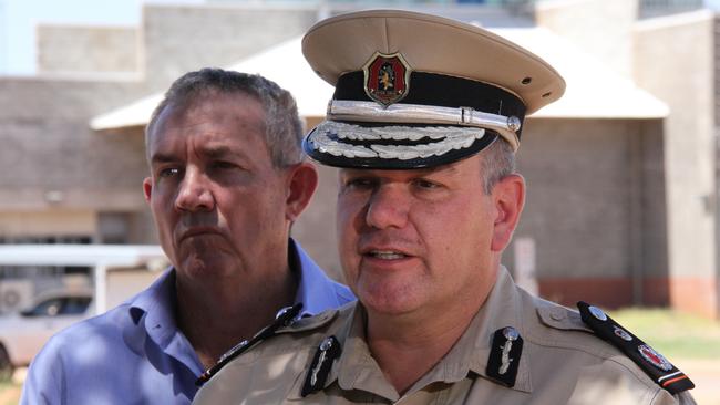 NT corrections commissioner Matthew Varley and Deputy chief minister Gerard Maley speak to the media at the Alice Springs Correctional Centre on Friday, December 20, 2024. Picture: Gera Kazakov