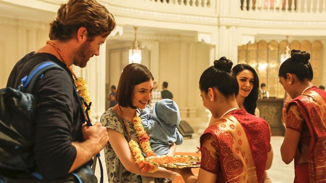 BIG SCREEN: Tilda Cobham-Hervey and cast members Armie Hammer and Nazanin Boniadi in an exclusive image from Hotel Mumbai.<b> Picture: MARK ROGERS</b>