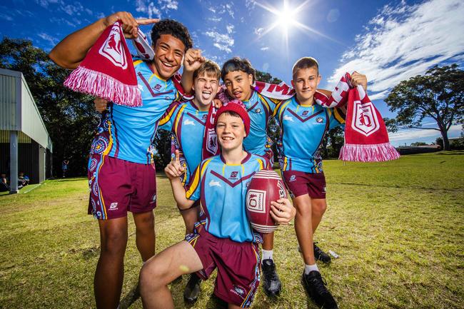 Keebra Park State High School Seth Lotaki, Chris Perkins, Stelios Pekepo-Tevaga, Deegan Lahrs and Sam Moorley earlier in their school life. . Picture: Nigel Hallett