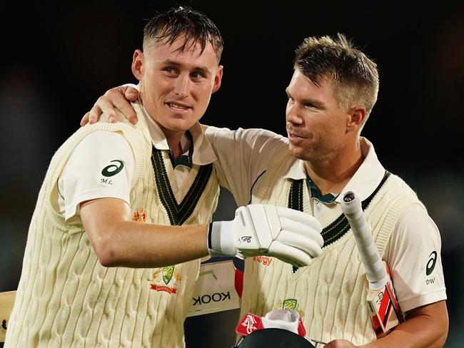 Labuschagne and David Warner formed a monster partnership in Adelaide. Picture: AAP