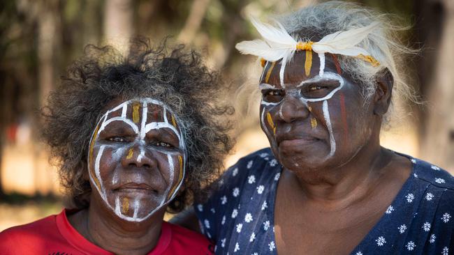 Carol Marie Puruntatmeri and Paulina Jedda Puruntatmeri stands next to their sea country where Santos is drilling. Picture: Rebecca Parker