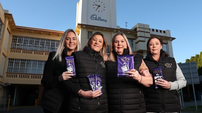 Tahlia Stacey, Kath Stacey, Julie Stacey and Michelene Stacey. Stacey family members who have all worked for Cadbury at the Claremont factory as part of the 100th year milestone. Picture: Nikki Davis-Jones