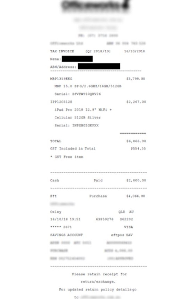 A traveller from Queensland tried to defraud his insurer with this dodgy receipt for $9000 worth of stolen electrical items.