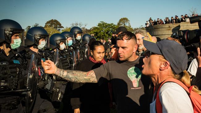 Police and protesters clash at the Shrine of Remembrance in Melbourne. Picture: Darrian Traynor/Getty Images