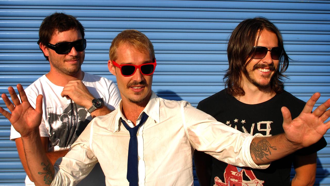 Chris Joannou, Daniel Johns and Ben Gillies in fun mode ahead of 2008 Big Day Out gigs. Picture: News Corp Australia.