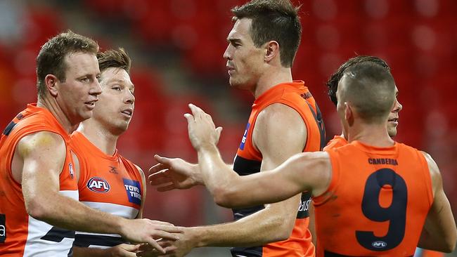 Toby Greene celebrates after kicking a goal against the Gold Coast Suns in round two. Picture: Mark Metcalfe/Getty Images