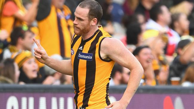 Jarryd Roughead celebrates a goal against Essendon.