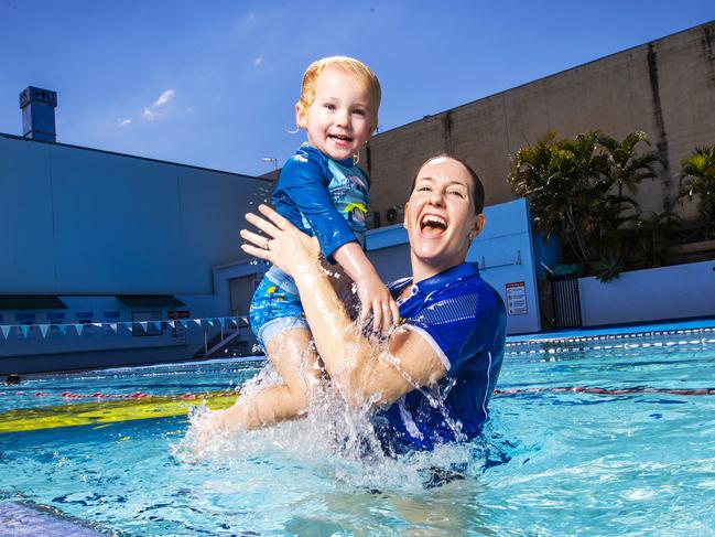 Emma Lawrence with her 2-year-old nephew Nate at the Kids Alive Gold Coast swim school. Picture: Nigel Hallett