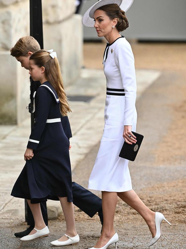 Catherine arrives with Princess Charlotte and Prince George at Horse Guards Parade for the King's Birthday Parade. Picture: AFP.