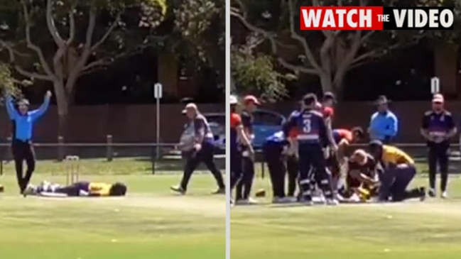 Kingston Hawthorn batsman Romain Grenville collapses on the pitch